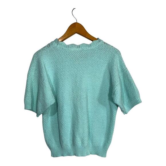 Vintage Billi Jo Crochet Chunky Knit Short Sleeve Sweater Scalloped USA M/L Blue - Picture 2 of 9